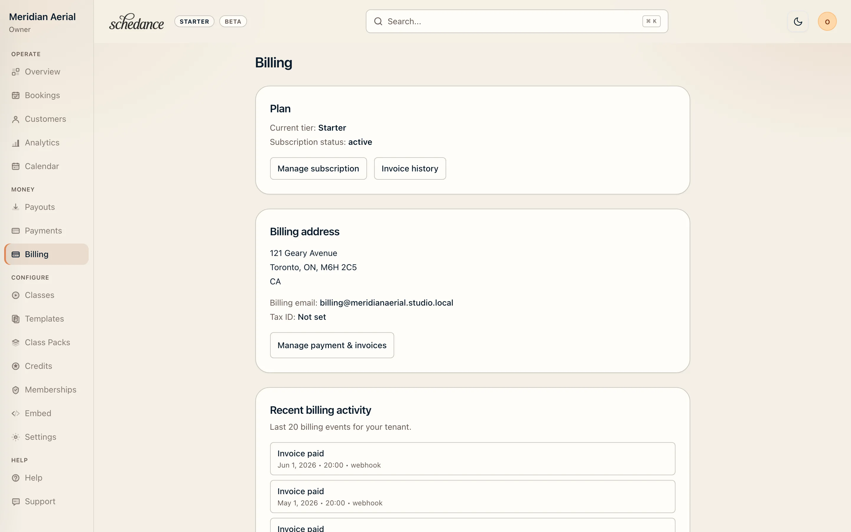 Schedance billing dashboard: subscription plan, payment method, and invoice history